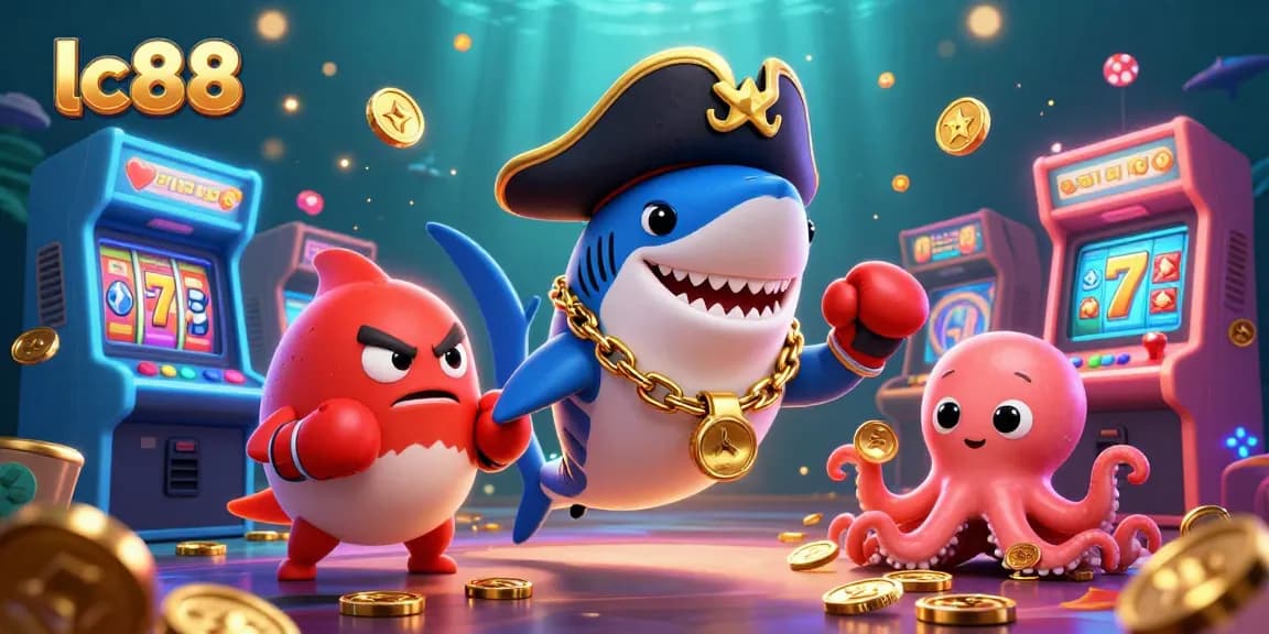 Spin to win with lc88 as colorful characters celebrate casino fun amid glowing slot reels and coins.