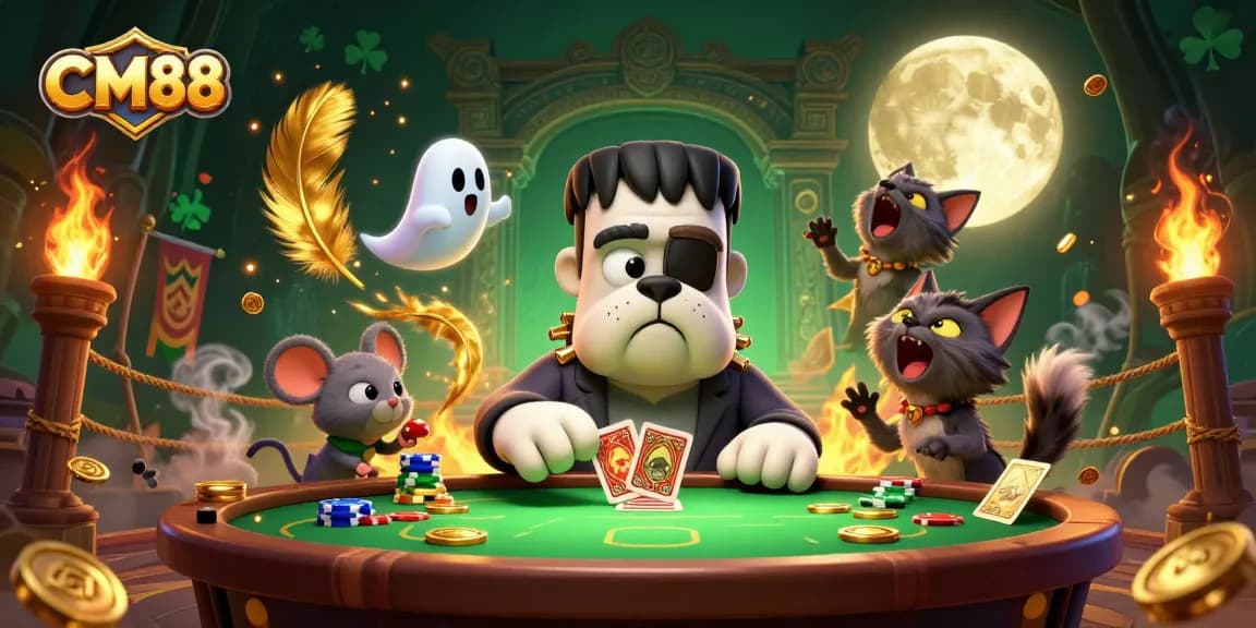 CM88 brand promoting a vibrant casino experience with a cartoon Frankenstein bulldog dealer and festive game atmosphere.