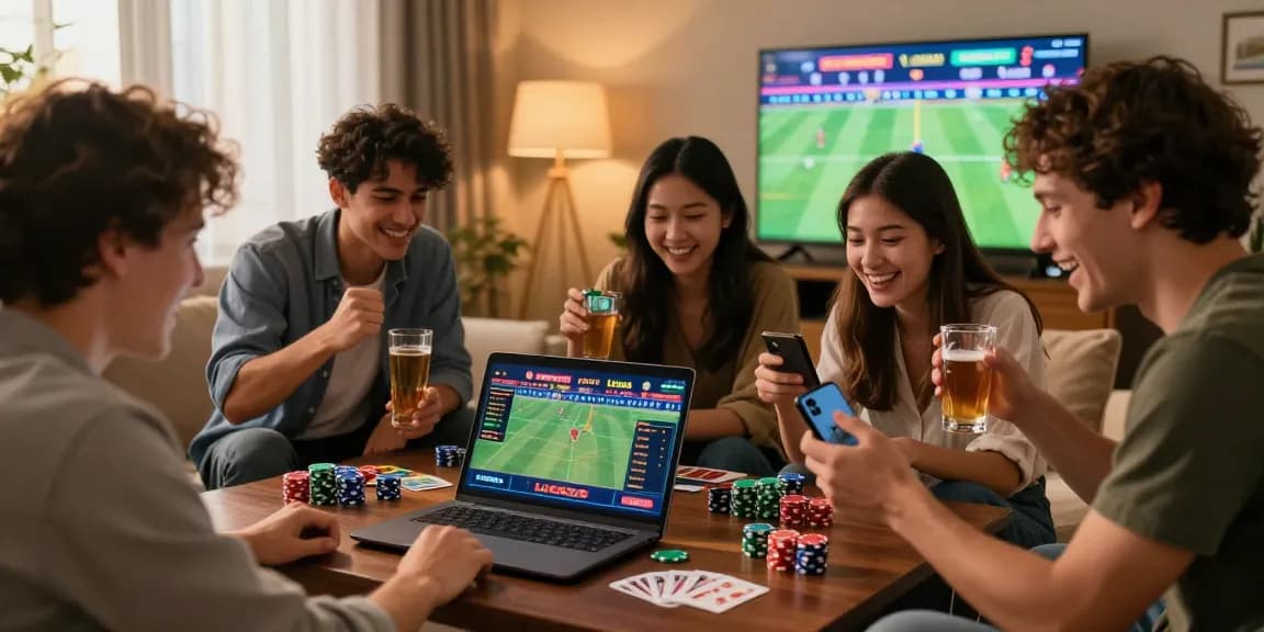 LUCK8 online gambling enthusiasts enjoying live betting in a cozy living room