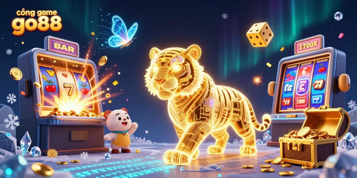 Catch the excitement at cổng game go88 with a vibrant illustration of a digital casino bursting with neon lights and games.