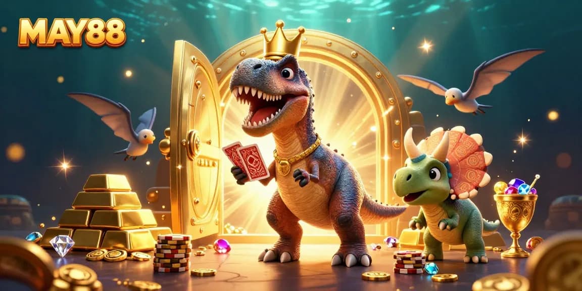 MAY88 showcases a T-Rex shuffling cards with a pterodactyl assistant and triceratops stacking chips in a vibrant casino scene.