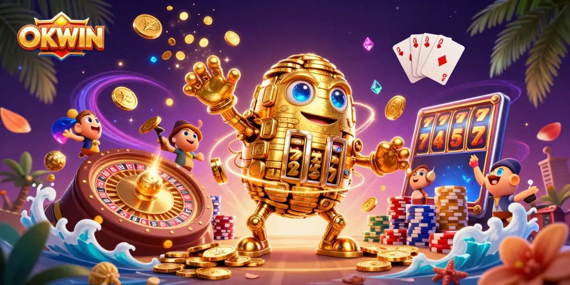 Engage in winning casino gameplay with OKWIN's animated golden golem surrounded by dynamic gaming elements.