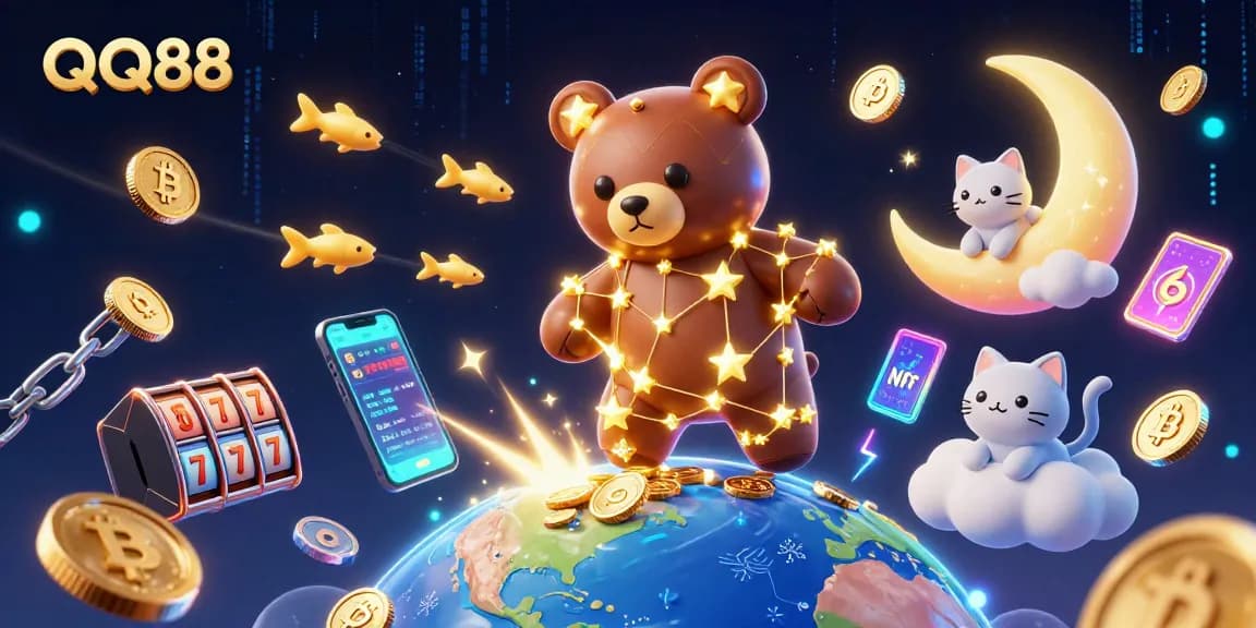 Experience excitement at QQ88 with a luminous 3D gaming scene featuring slots and crypto elements.