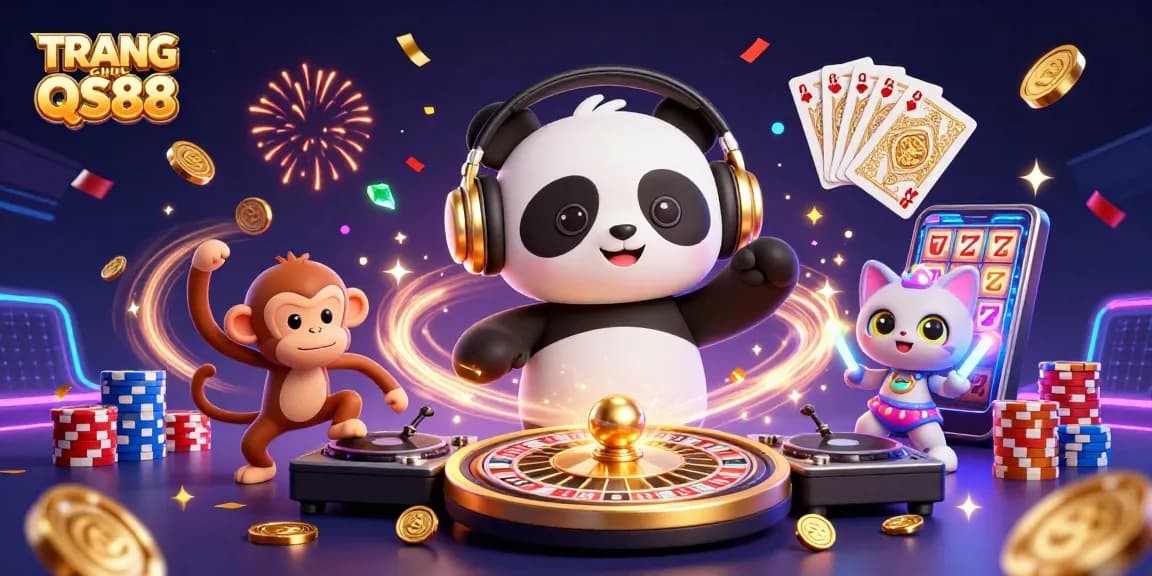Engage with TRANG CHỦ QS88 where a DJ panda spins luck with vibrant game elements.