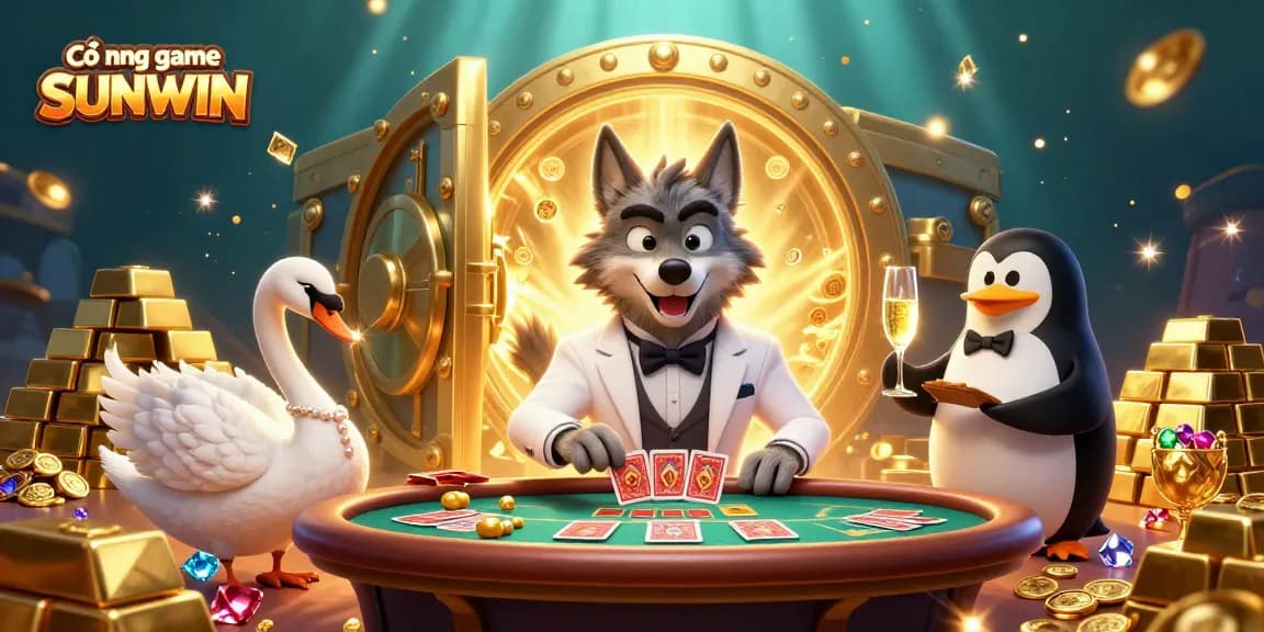 Cổng game SUNWIN showcases a lavish casino scene with vibrant characters and glittering treasures, elevating the gaming experience.