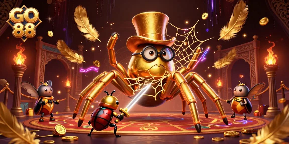 Experience thrilling GO 88 action with a golden tarantula and beetle knight in this dynamic casino illustration.
