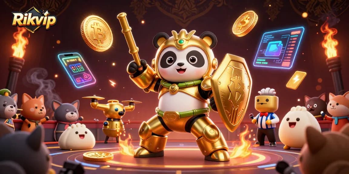 Experience Rikvip's thrilling gaming arena with a mech-suit panda, crypto coins, and vibrant action!