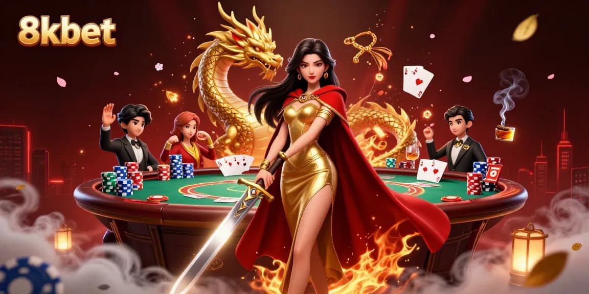 Engage with 8xbet's vibrant casino world featuring a warrior queen and golden dragon among poker elements.