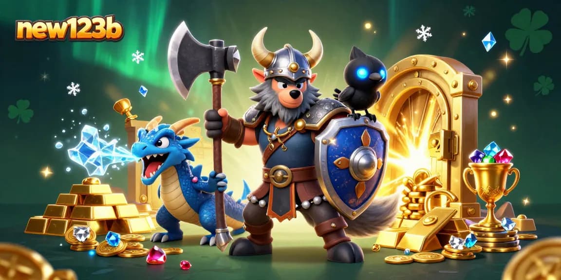 Experience the thrilling excitement of new123b with a Viking warrior and dragon amidst treasures and casino gems.