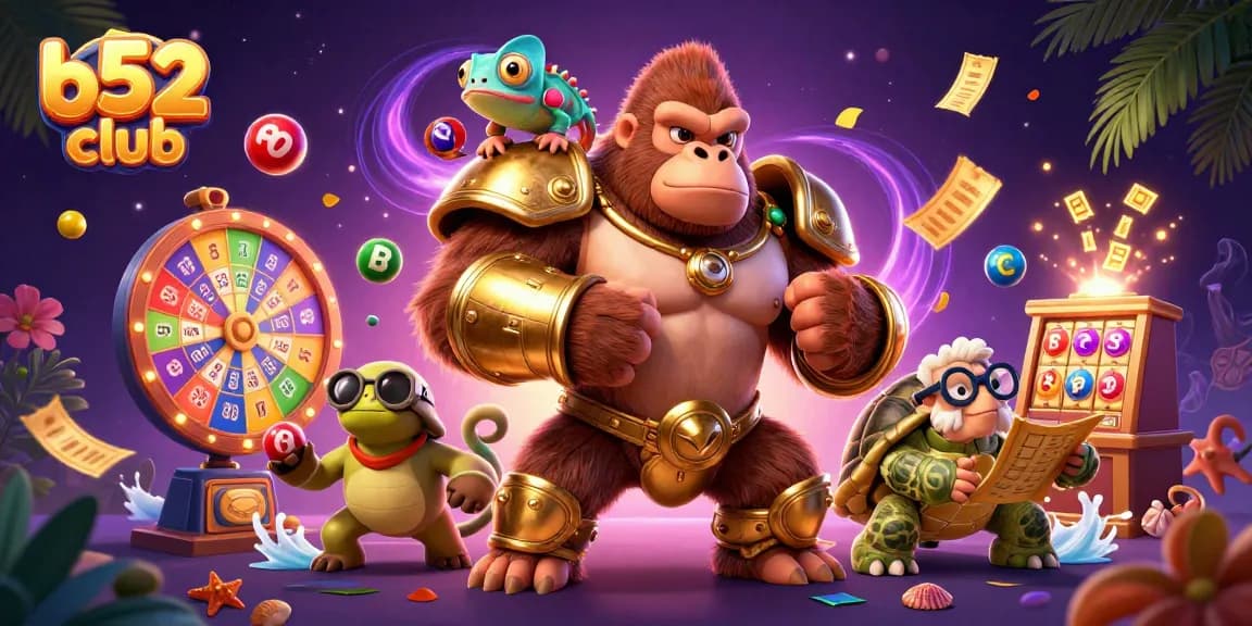 B52 Club showcases exciting gaming dynamics with vibrant elements like lottery balls and animated characters.