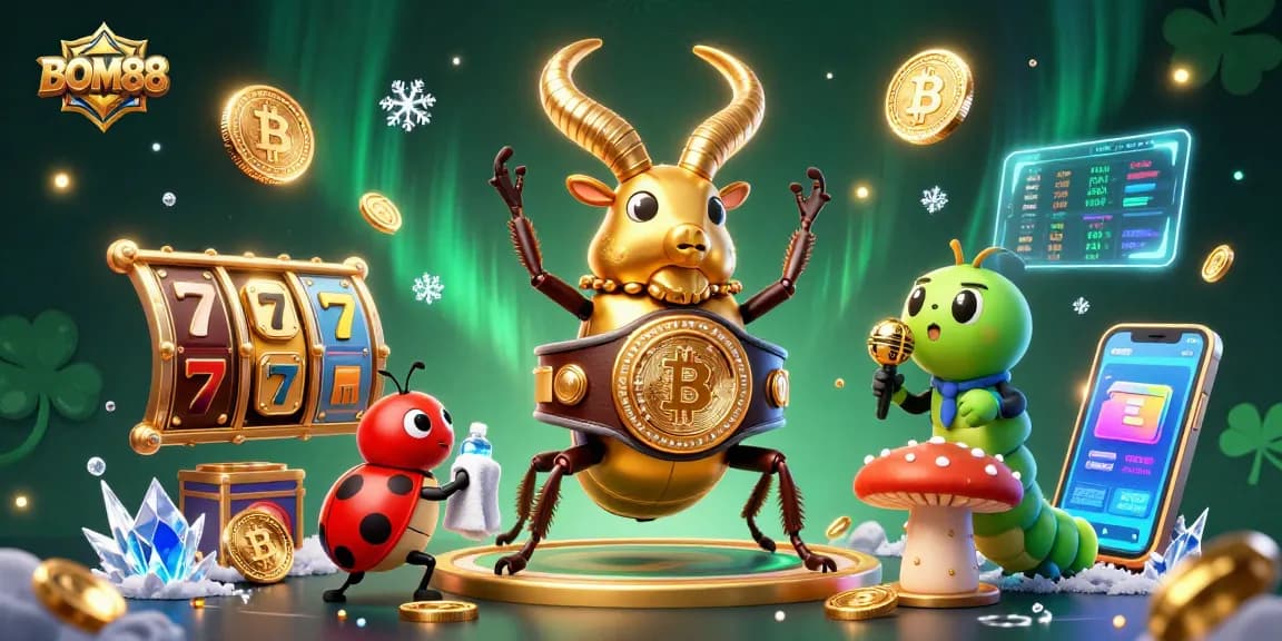 BOM88 delivers exciting gaming experiences with a giant stag beetle facing off in a vibrant casino scene.