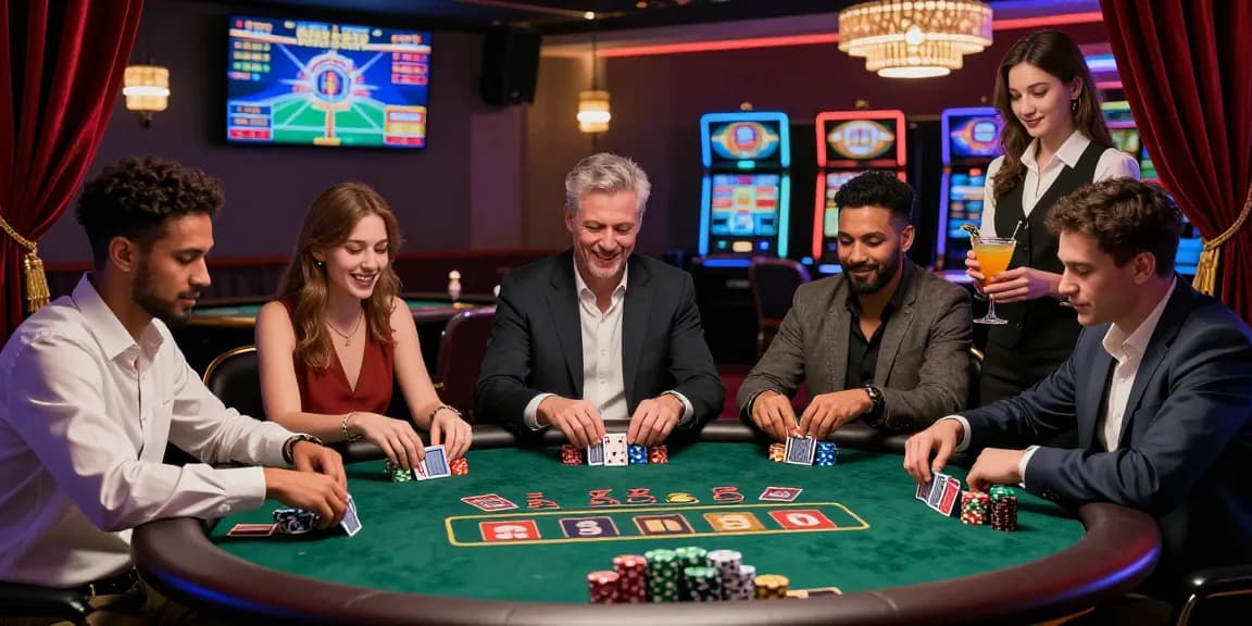 Exciting gaming moment at 123b casino with players engaged in Blackjack surrounded by luxurious décor.