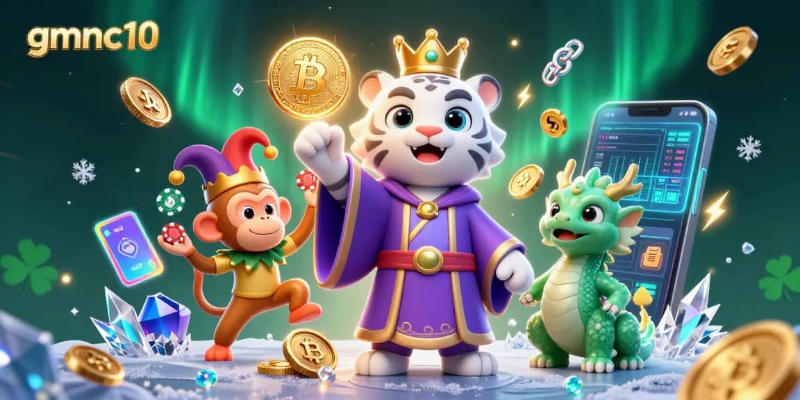 Experience gmnc10 with a vibrant 3D cartoon scene featuring a playful tiger, monkey, and dragon amidst crypto elements.