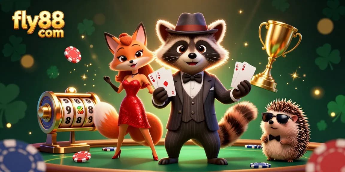 Experience thrilling gameplay with fly88 com as a suave raccoon and fox lady dominate a vibrant casino scene.
