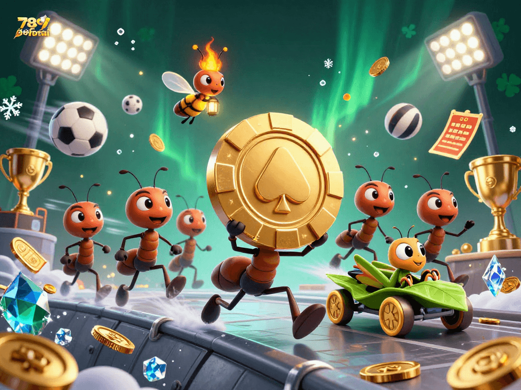 Ants executing a heist with a giant poker chip at 789betai casino, showcasing vibrant betting elements.