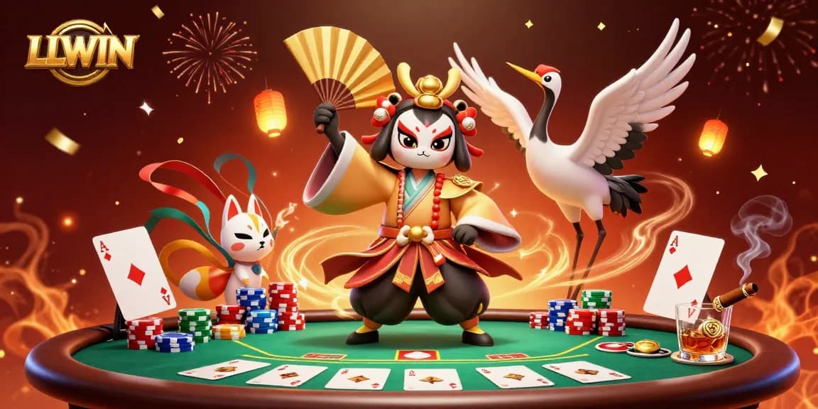 Win big at LLWIN casino with a vibrant 3D illustration featuring poker, kabuki warriors, and festive elements.