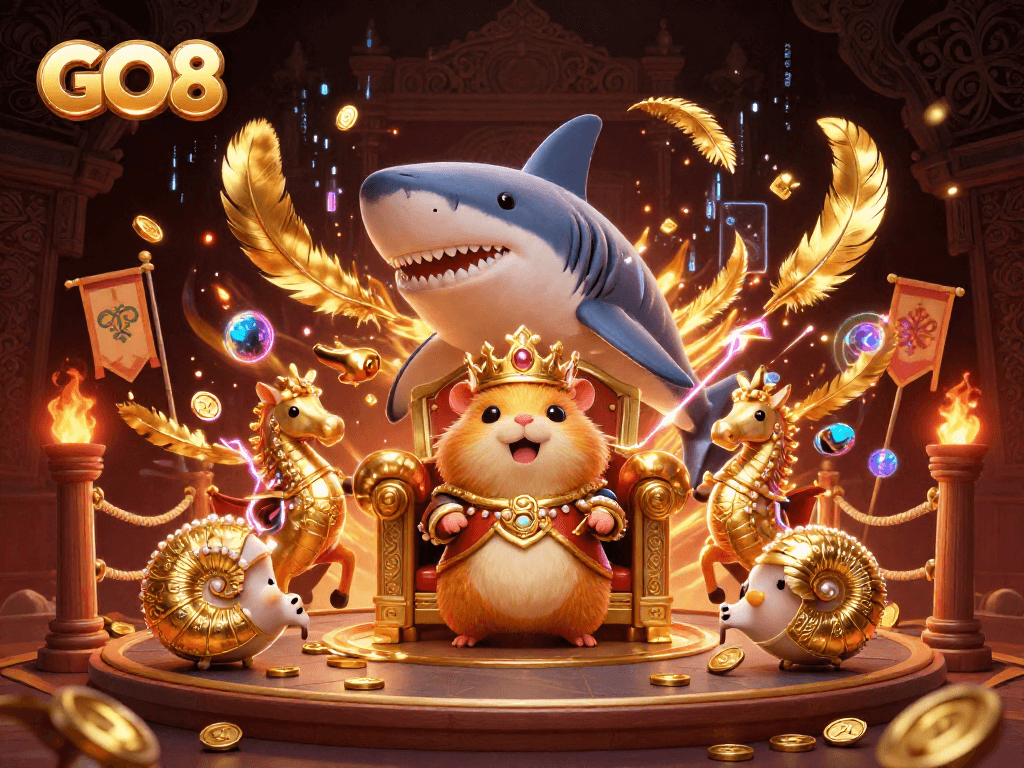 Experience thrilling gaming at GO8 with a golden hamster king in a dynamic casino scene featuring treasure and excitement.