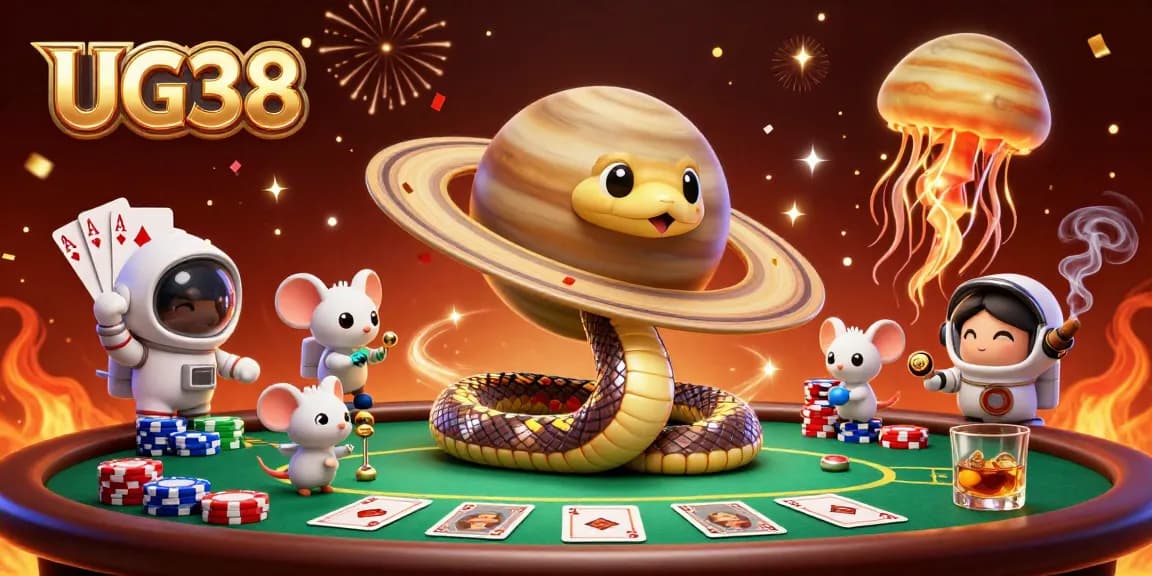 Experience the excitement of UG38 casino gaming with dynamic roulette elements and vibrant cosmic characters.