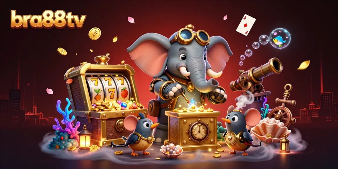 Experience the excitement of bra88tv with a whimsical 3D steampunk casino scene full of treasures and games.
