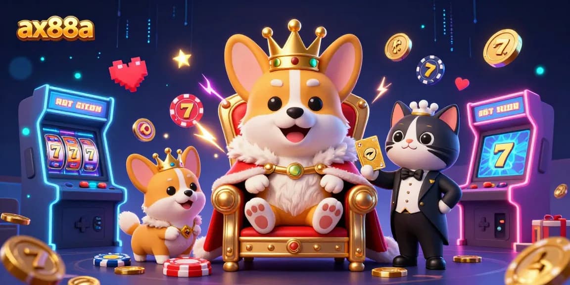 ax88a showcases a corgi king in a casino throne surrounded by dynamic gaming elements.
