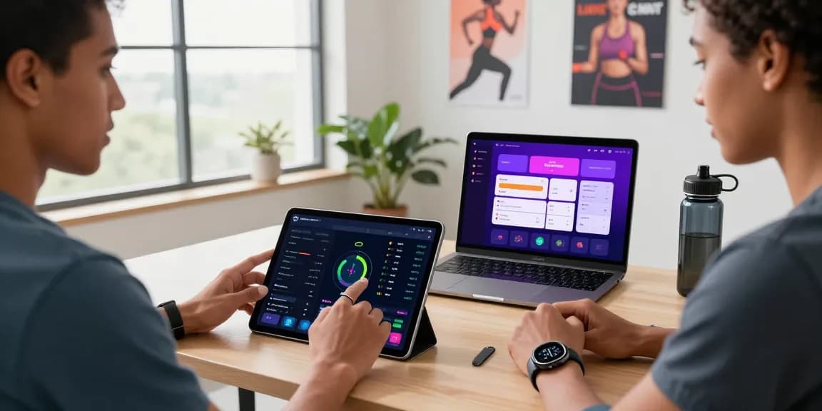 Person analyzing health metrics using a smart ring in a modern workspace.