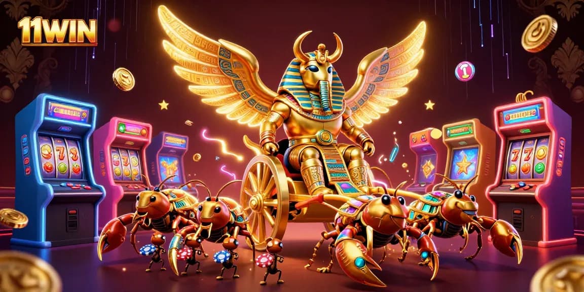 Engage with 11WIN’s vibrant casino experience featuring a golden scarab beetle and scorpions.