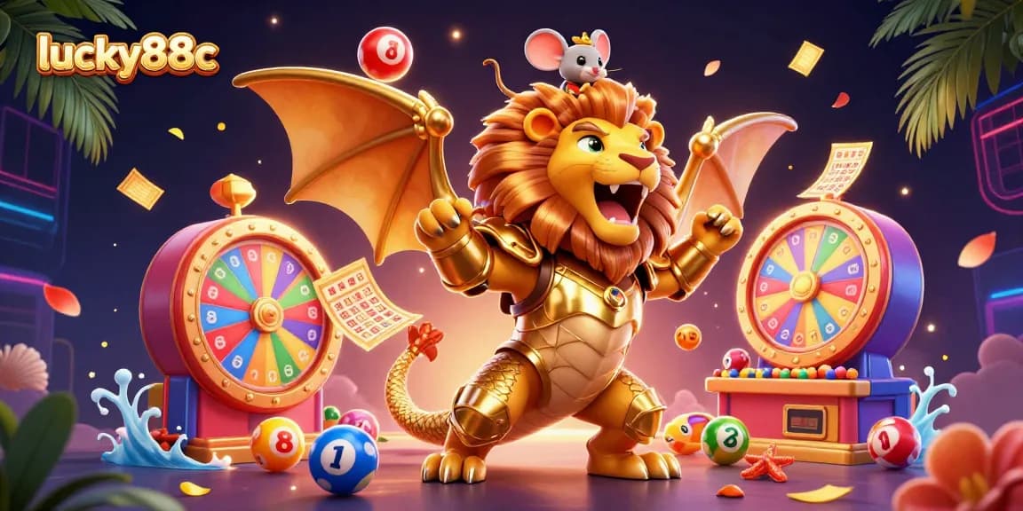 Engage with lucky88c's thrilling casino experience featuring vibrant lottery elements and a triumphant chimera.
