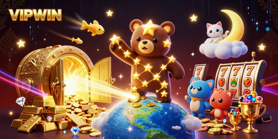 Engage with VIPWIN's vibrant gaming world featuring a celestial bear collecting coins amidst dazzling casino elements.