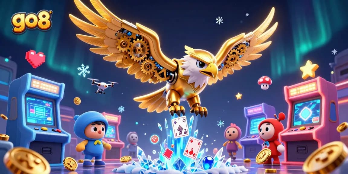 Experience vibrant gaming excitement at go8 with a golden eagle diving through holographic playing cards.