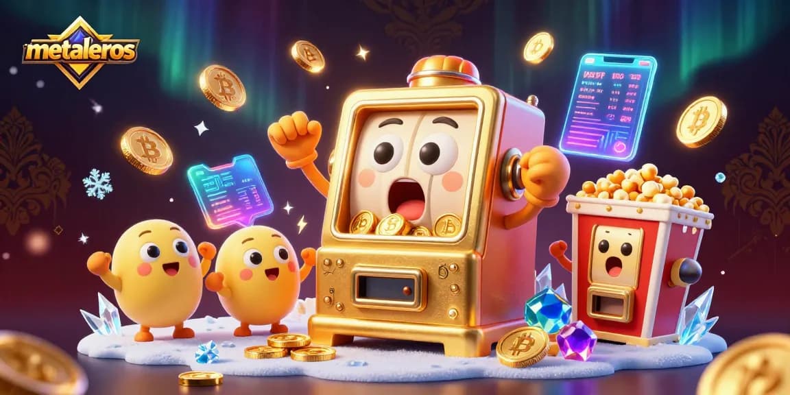 Metaleros menghadirkan slot mesin emas yang dangkal dengan jackpot, dikelilingi koin Bitcoin di pusat kasino.