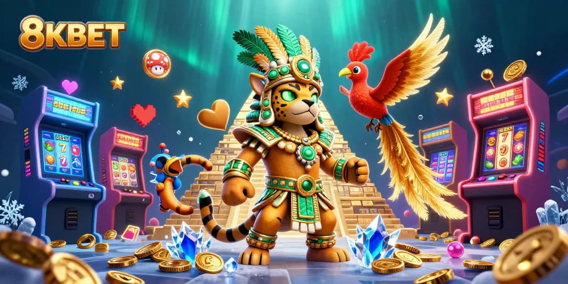 Engage in exciting gameplay with 8KBET, showcasing vibrant slot machines, a Mayan jaguar priest, and dazzling gaming elements.