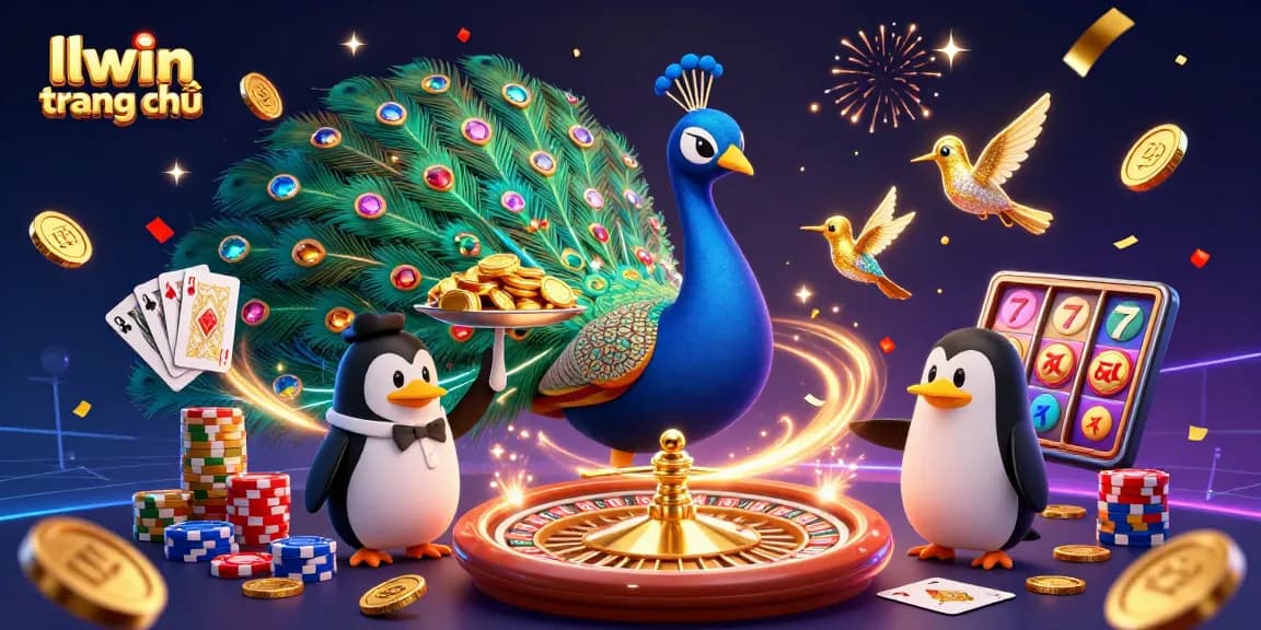 Experience excitement at llwin trang chủ with a 3D illustration of a dazzling casino scene, featuring characters and games.