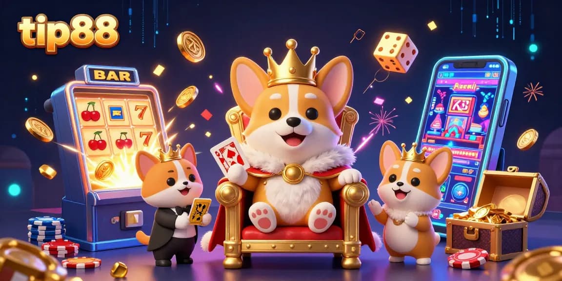 Enhance your gaming experience at tip88 with royal corgis among vibrant casino elements.