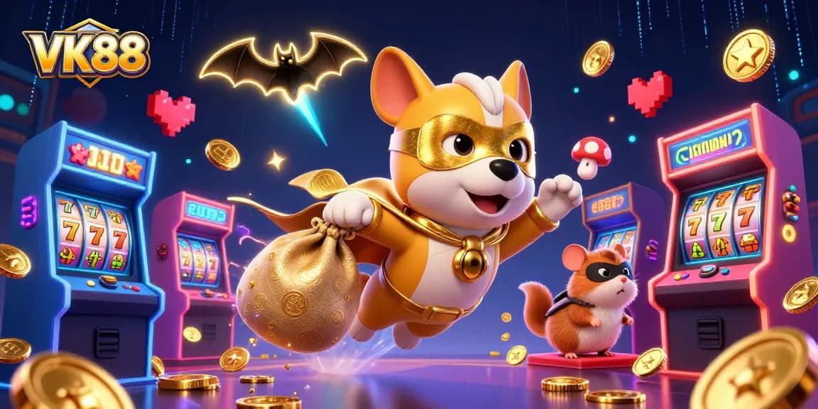 Experience thrilling slots action with VK88's vibrant 3D casino scene, featuring cartoon characters and colorful game elements.
