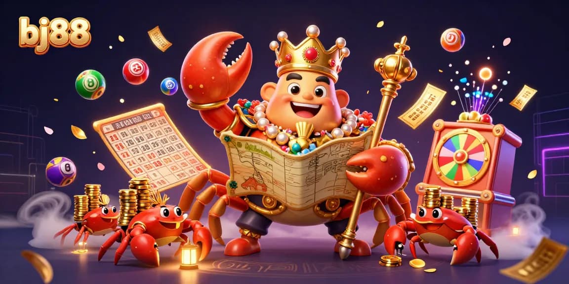 Engage with the exciting world of bj88, showcasing a vibrant 3D illustration of a golden crab emperor amidst dynamic lottery elements.