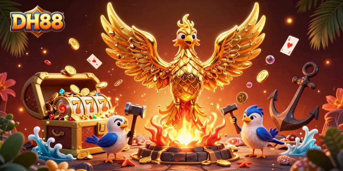 Spin and win at DH88's vibrant gaming scene featuring a golden phoenix and slot reels.