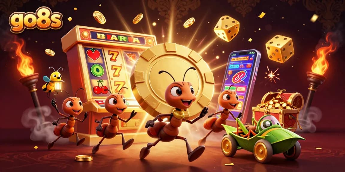 Experience thrilling wins at go8s with 3D ants racing for gold amid casino excitement and jackpot symbols.