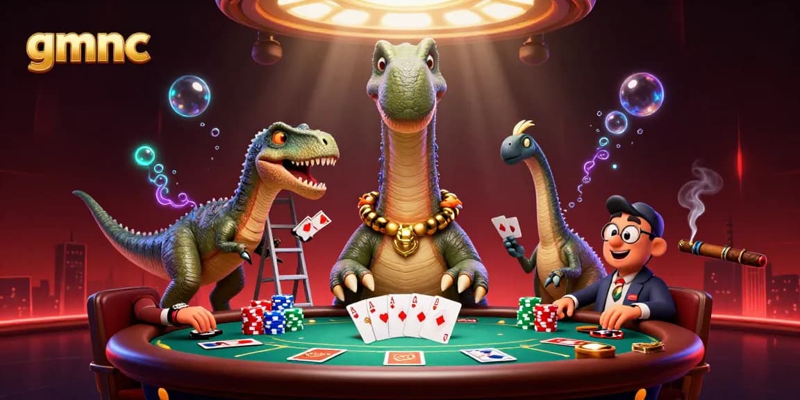 Experience thrilling poker action with gmnc as a giant dinosaur watches over a vibrant casino scene.