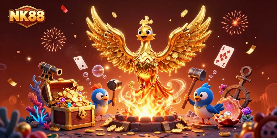 Experience winning with NK88’s dynamic gaming illustration filled with gold and excitement.