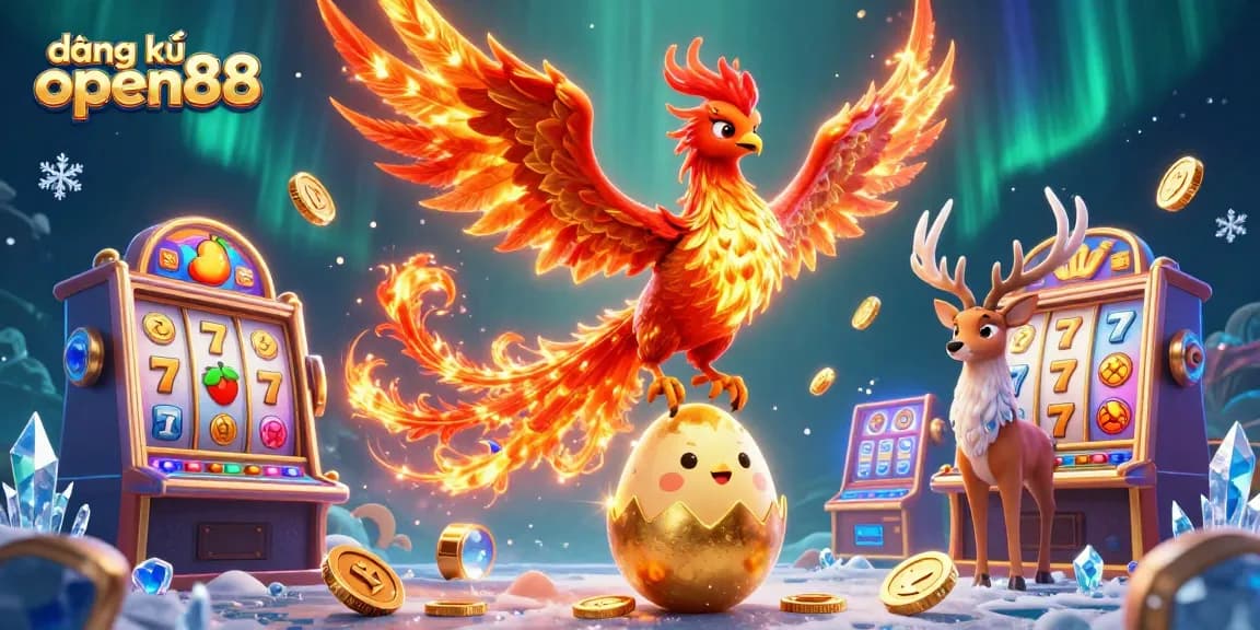 Engaging visual depicting đăng ký open88 with vibrant slot machines and dynamic characters in a casino environment.