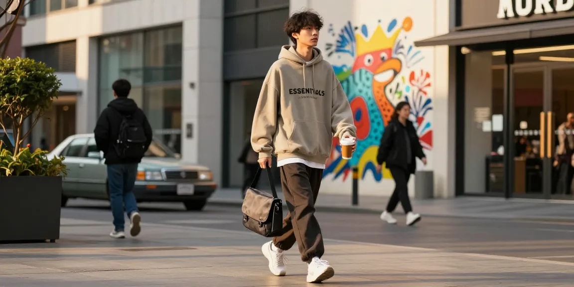 Young adult in oversized Essentials hoodie walking confidently in urban setting