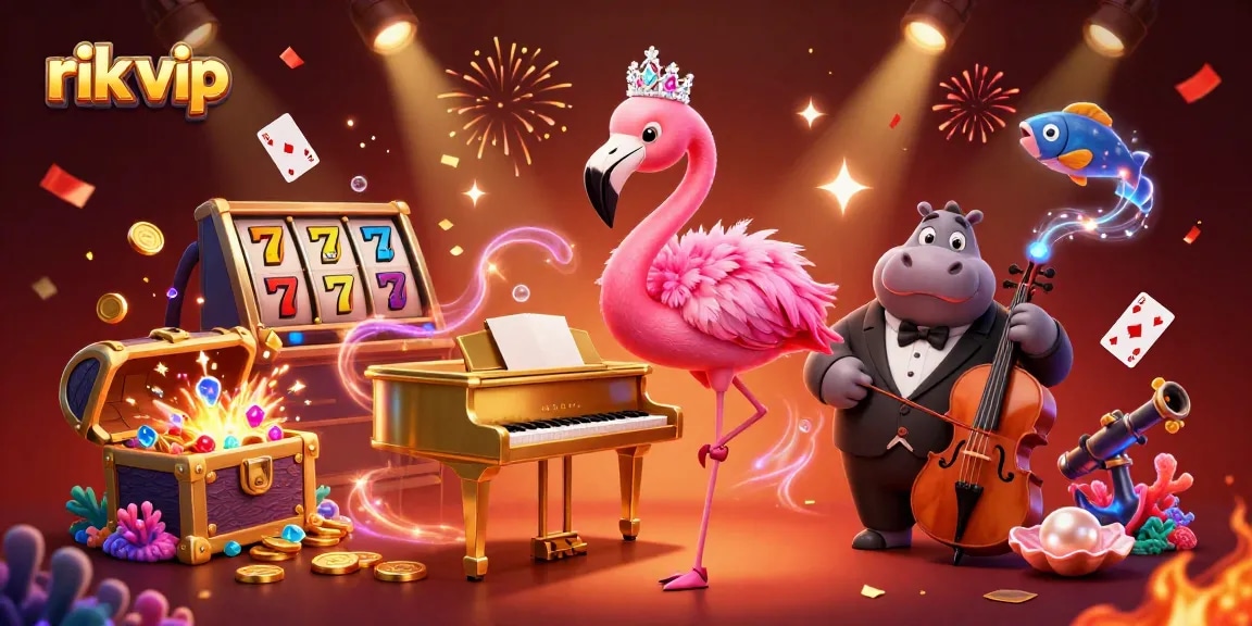 Experience the vibrant atmosphere of rik vip with a dynamic casino scene featuring playful characters and gaming elements.