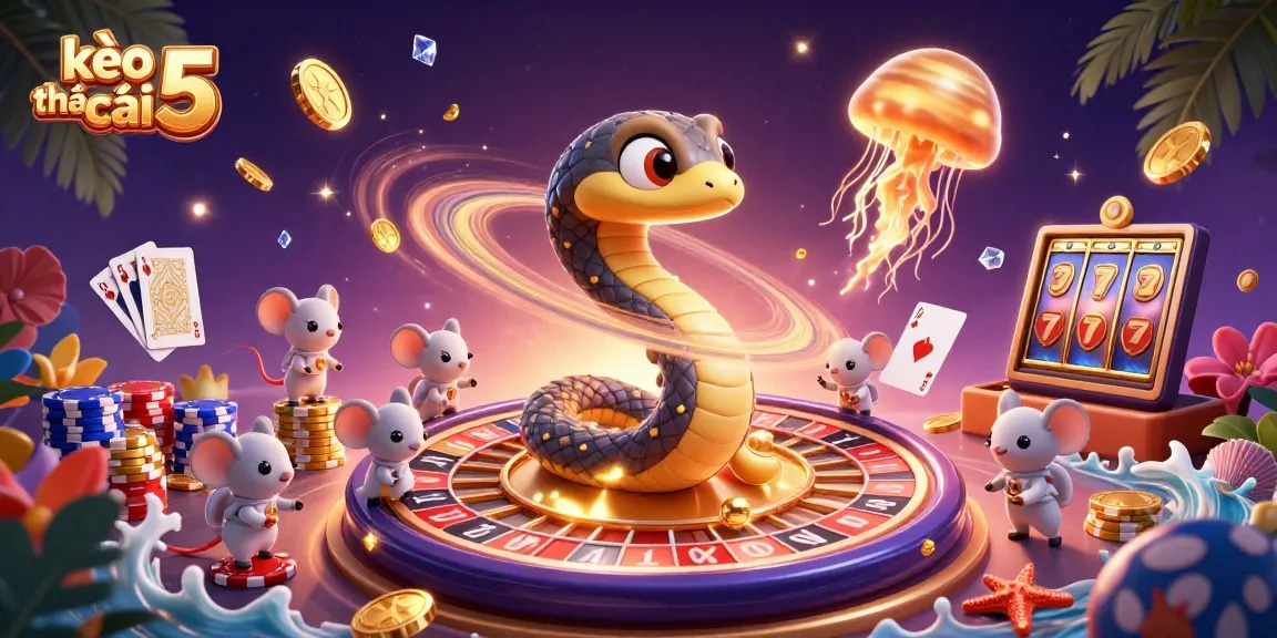 Engage in cosmic betting adventures with kèo nhà cái 5, featuring a playful Saturn snake and golden jellyfish dealer.