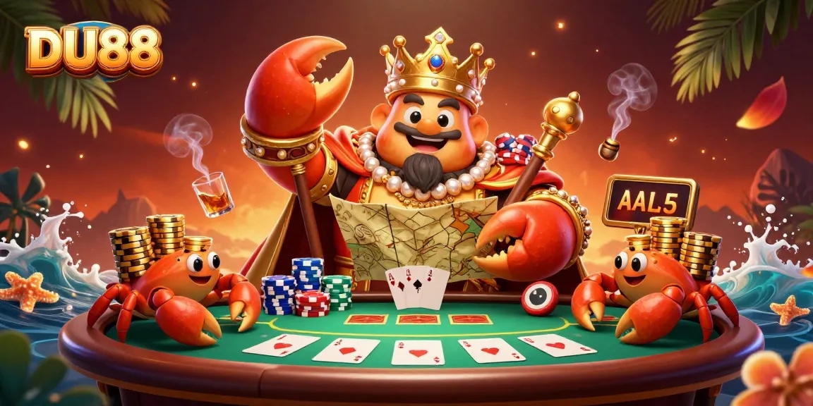 Engage with DU88's vibrant gaming scene featuring a golden crab emperor surrounded by poker elements.