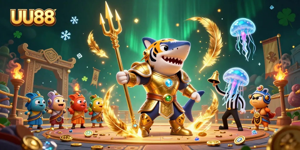 Experience the thrilling underwater battles at UU88 with a golden gladiator shark and vibrant gameplay.