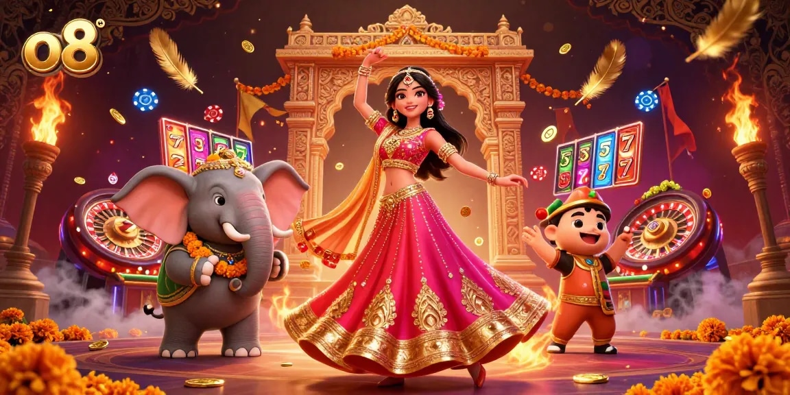 Spin the reels of excitement at o8 with casino-themed characters amidst colorful decorations.