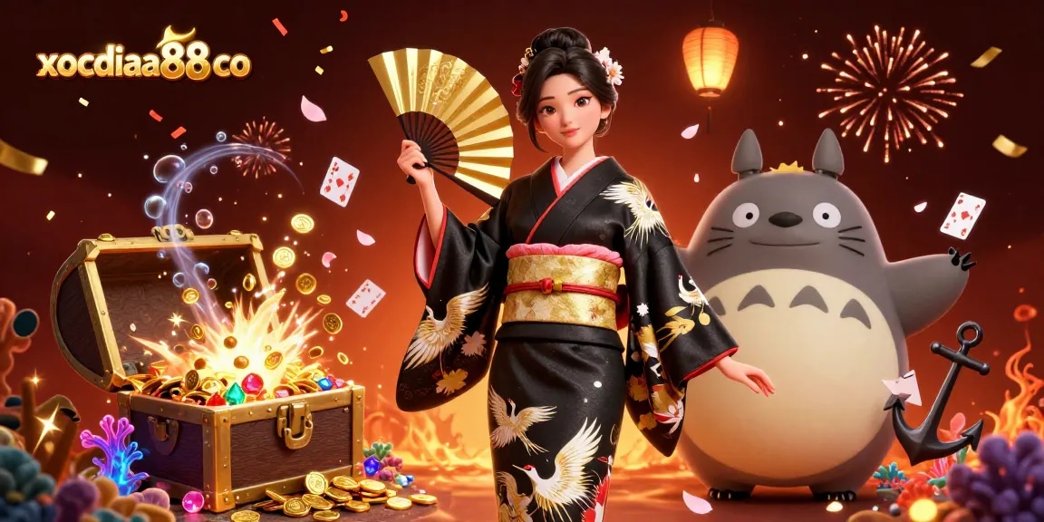 Experience xocdiaa88 co with an elegant Asian dealer and rich casino elements in this engaging gaming illustration.