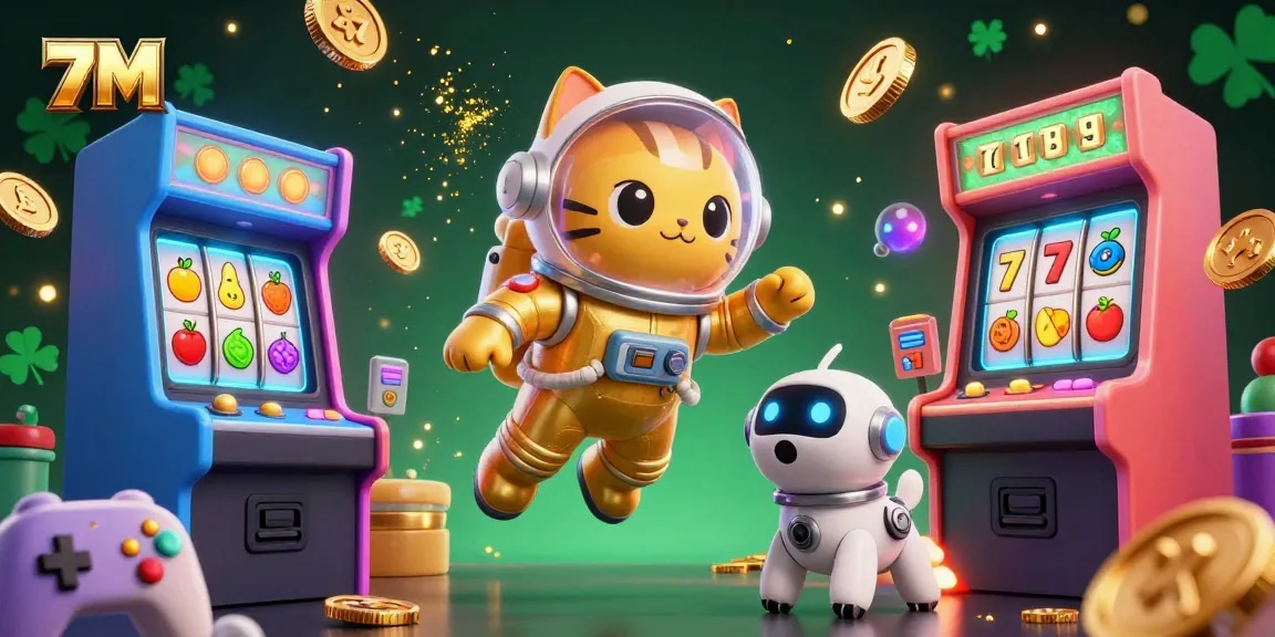 Spin to win with 7M's vibrant slot gaming illustration featuring an astronaut cat and dynamic casino elements.