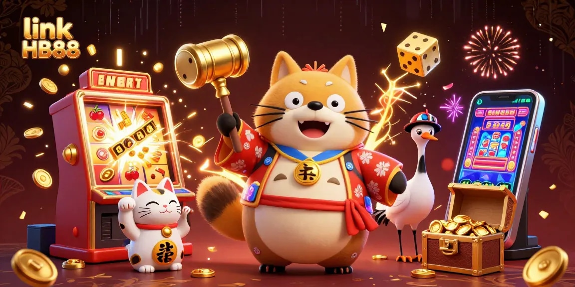 Experience the excitement of winning at link HB88 with vibrant casino-themed 3D illustration of festive characters and jackpot elements.