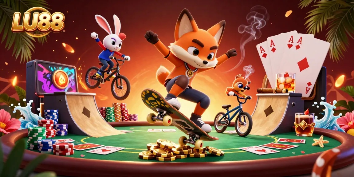 LU88 showcases engaging gaming scenes with vibrant casino elements in a dynamic 3D illustration.